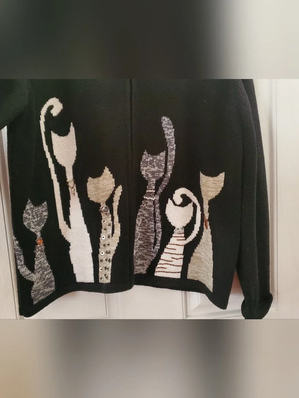 ALLISON DALEY VINTAGE Black Knit Sweater with portrait of Embellished Cats